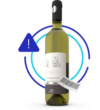 Image of SeeChange icon and a wine bottle with a barcode sticker placed on it, highlighting using self-checkout software to combat barcode switching