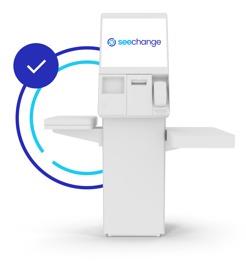 Featured image for self-checkout software solution page is a self-checkout with the SeeChange icon in the background and the SeeChange logo on screen.