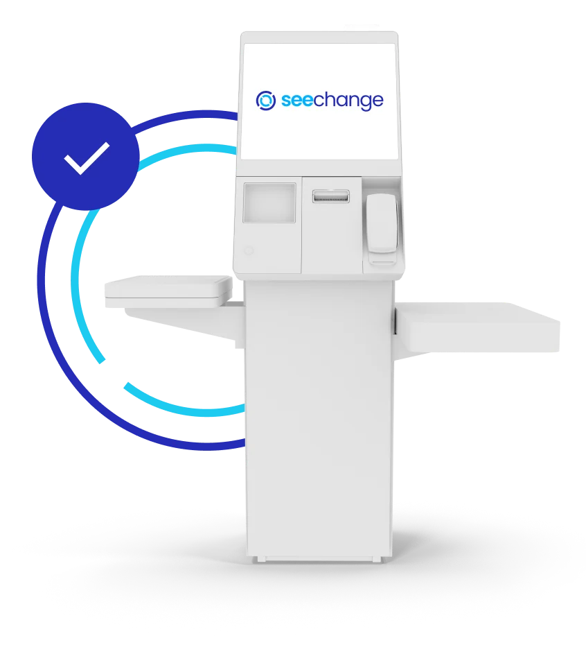 Featured image for self-checkout software solution page is a self-checkout with the SeeChange icon in the background and the SeeChange logo on screen.