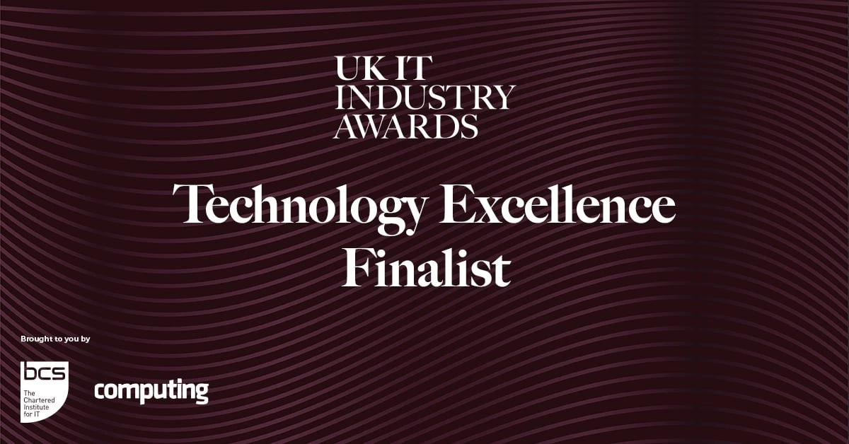 Image is a brown wavy background with the words “UK IT Industry Awards – Technology Excellence Finalist brought to you by Computing and BCS The chartered institute for IT” SeeChange’s platform is announced as finalist in the AI Innovation of the Year category in the UK IT Industry Awards 2023