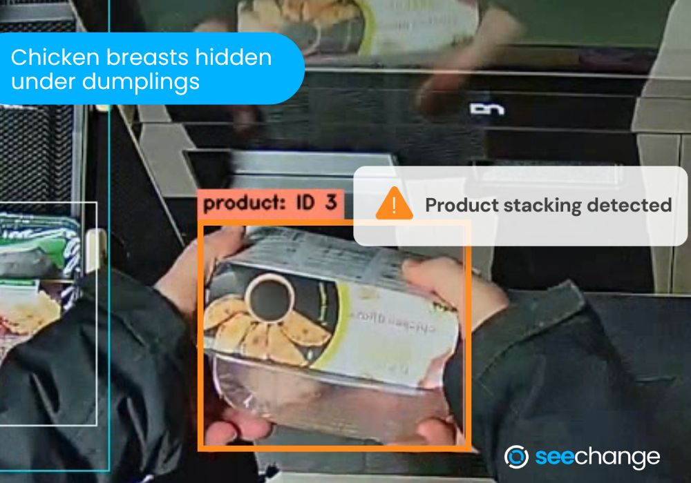 Chicken breasts hidden under dumplings, product stacking detected. Image shows a shopper stacking two products together and only scanning one item at self-checkout. SeeChange self-checkout security alerts for different types of theft and fraud, preventing losses before they happen.