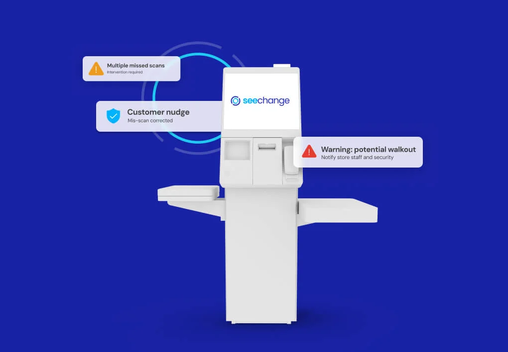 Image shows a self-checkout with 'SeeChange' on the touchscreen. There are a number of alerts from the self-checkout which say 