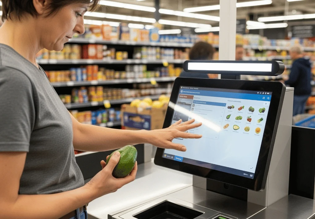 Shopper trying to locate an avocado in the self-checkout on screen menu, highlighting on of the self-checkout problems shoppers face which can be solved with SeeChange AI produce recognition